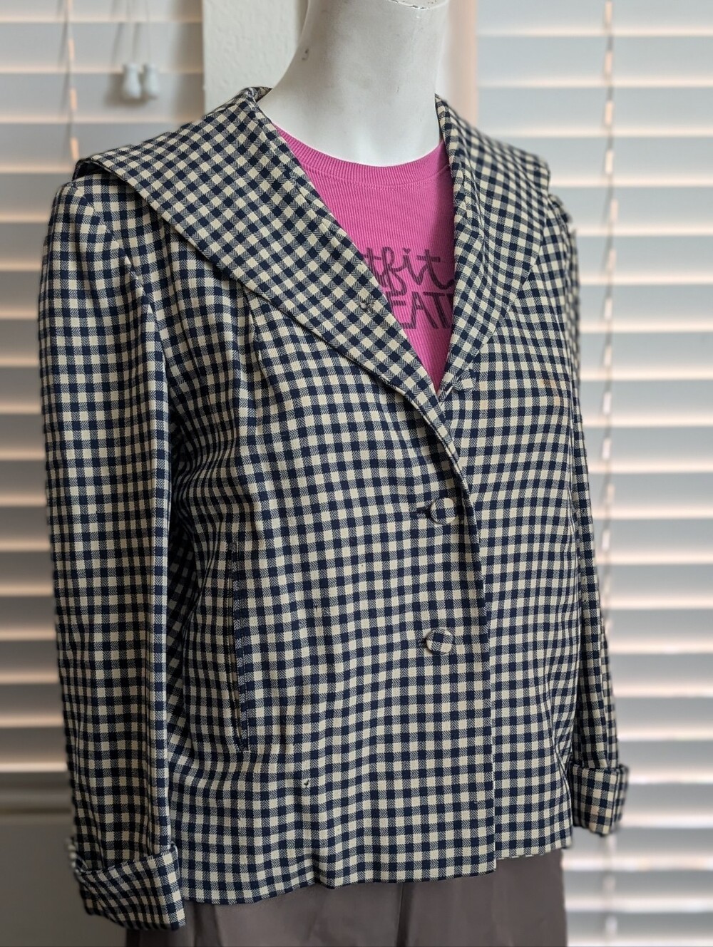 1940s Navy & Cream Gingham Sailor Collar Jacket